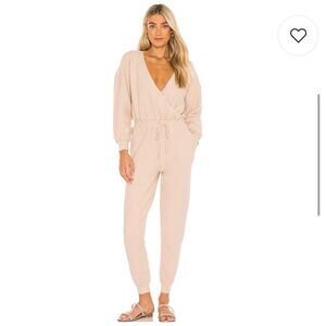 L*SPACE Coastin' Jumpsuit Sandstone Beige Drawstring Rib Casual Long Sleeve Pant
